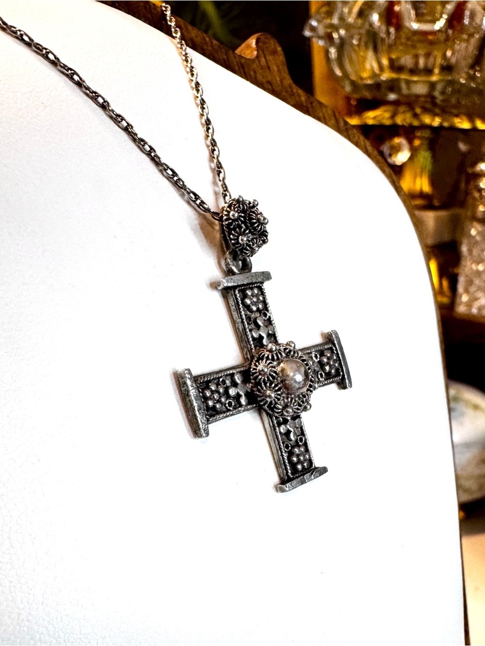 Vintage Sterling Silver Filigree Cross Pendant Necklace